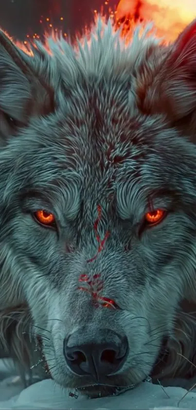 Fierce wolf with fiery eyes on a mobile wallpaper.