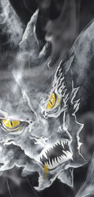 Fierce wolf with yellow eyes on gray background