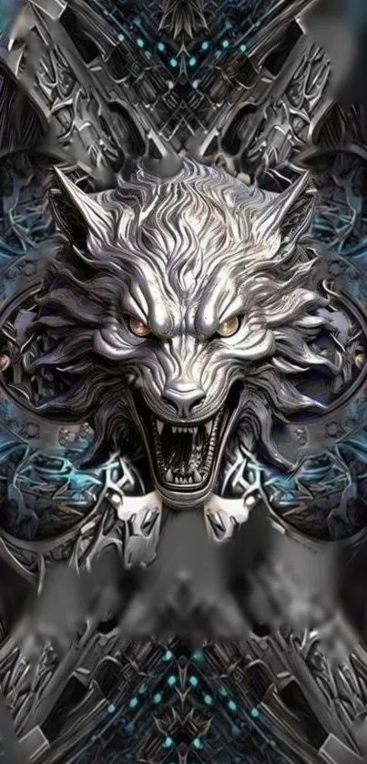 Fierce wolf with metallic tribal design art wallpaper.