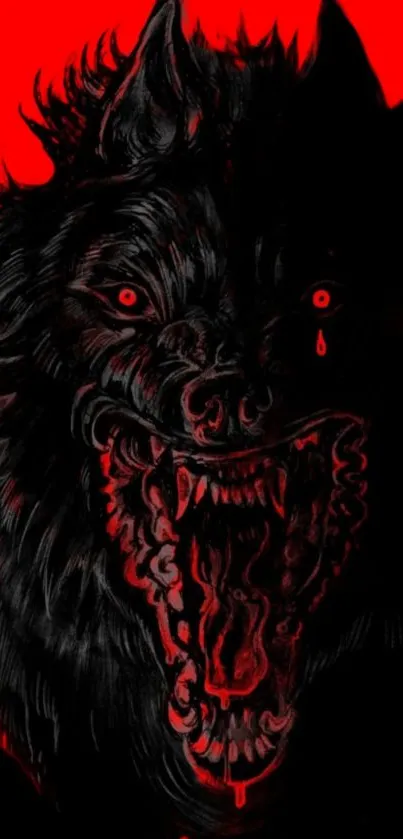 Fierce wolf with dark art design in black and red tones.