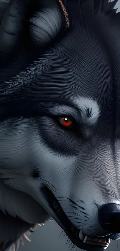 Close-up digital art of a fierce wolf with striking eyes.