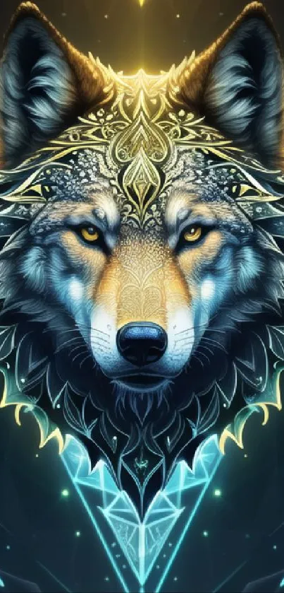 Vibrant cyan wolf art with intricate detailing.