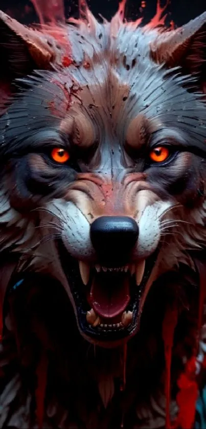 Fierce wolf with striking red and vivid details.