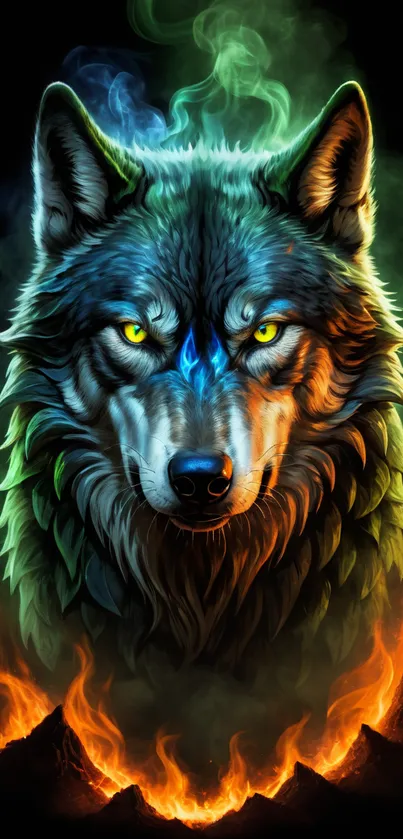 Vibrant wolf art with fire effects and blue hues, perfect for mobile wallpaper.