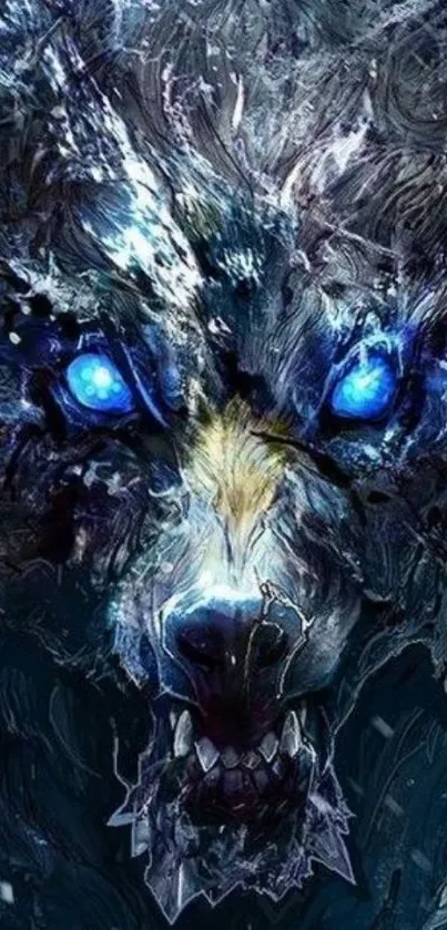 Fierce wolf with glowing blue eyes in digital art wallpaper.