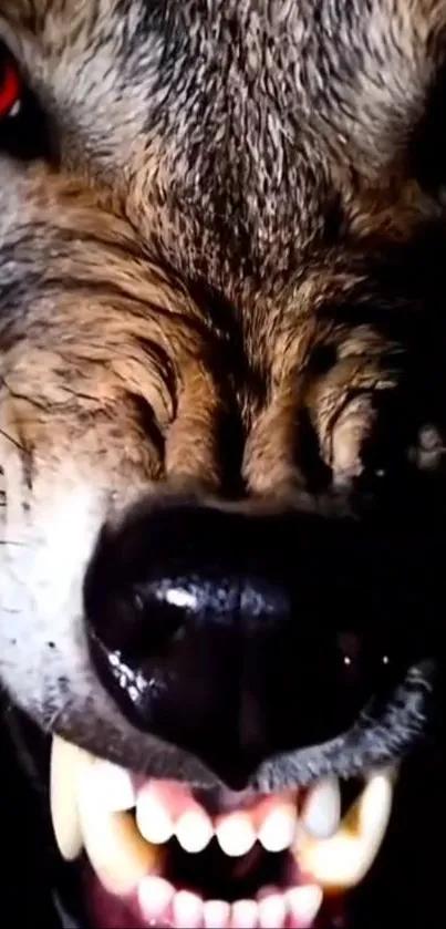 Close-up of a fierce wolf with red eyes and sharp teeth.