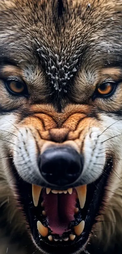 Close-up of a fierce wolf with piercing eyes, showcasing its intense and wild nature.