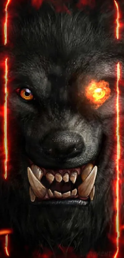 Fierce dark wolf with intense eyes and sharp teeth on a wallpaper background.