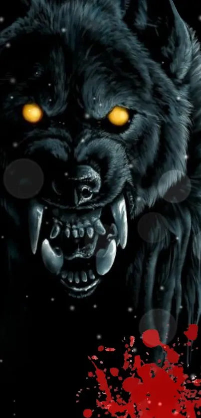 Dark wolf with glowing eyes and red accents on a black background.