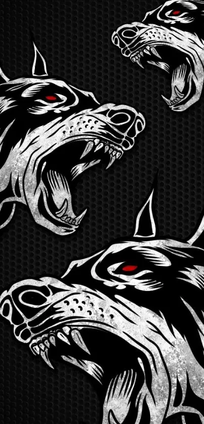 Fierce black and white wolf design wallpaper with red accents for mobile.