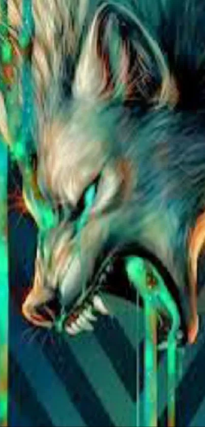 Fierce wolf digital art wallpaper with teal accents.