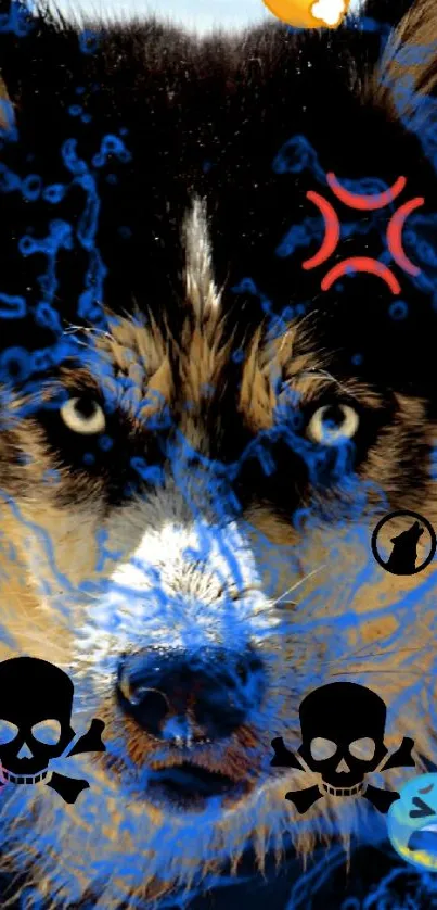 Fierce wolf with artistic blue swirls and emojis.