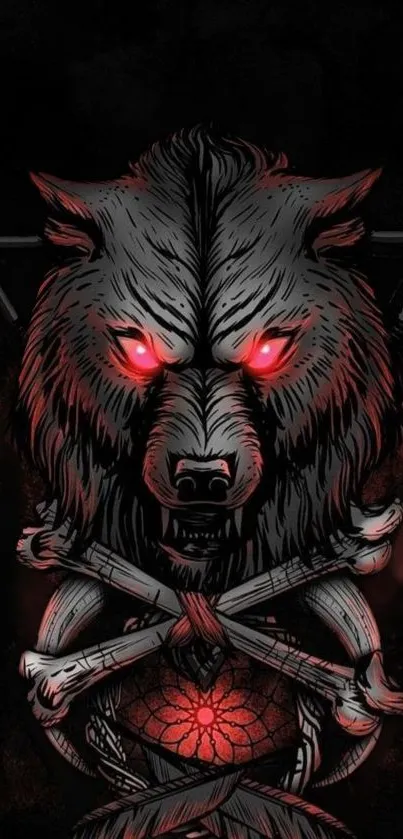 Fierce wolf with glowing red eyes and bones on dark background.