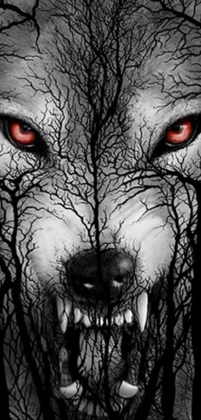 Wolf face with red eyes and tree branches on a dark background.