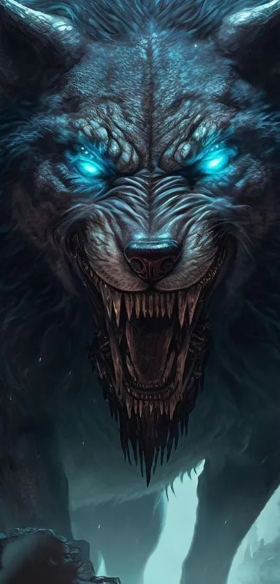 Dark fantasy wolf with glowing blue eyes in mystical forest setting.