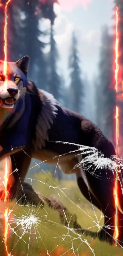 Fierce wolf in fiery forest wallpaper with crackling effects.