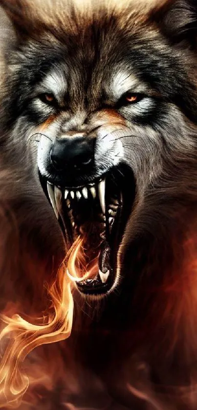 Fierce wolf surrounded by fire and smoke in a dramatic mobile wallpaper.