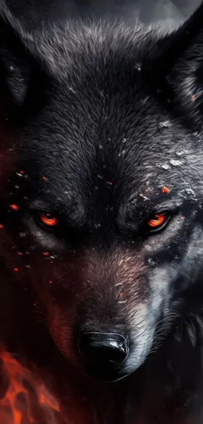 Fierce wolf with fiery red eyes and dark background.