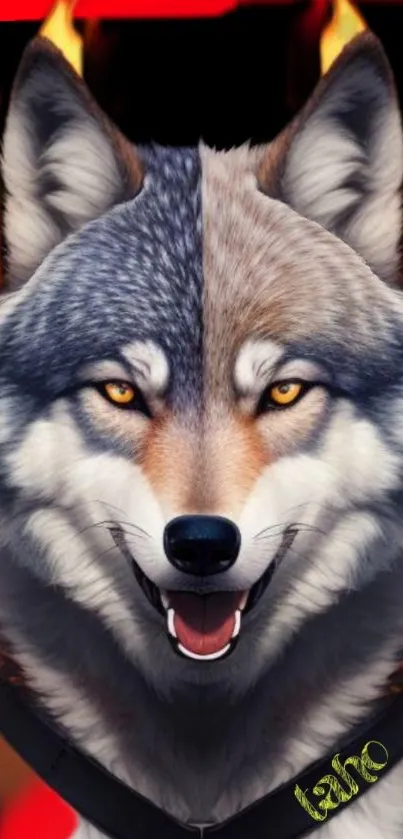 Fierce wolf with fiery background wallpaper for mobile.