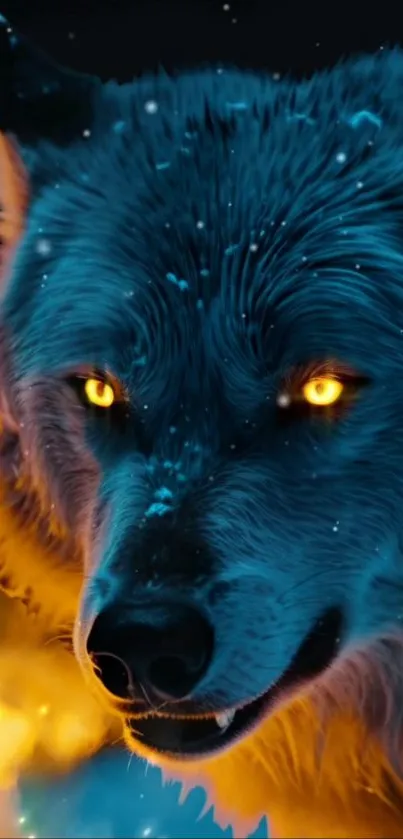 Fierce wolf with glowing eyes in fire and ice wallpaper.