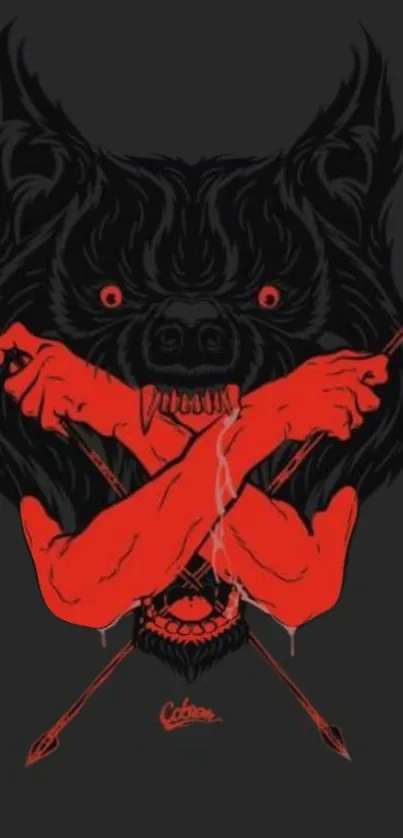 Gothic black wolf with red arms crossed and arrows in graphic style.