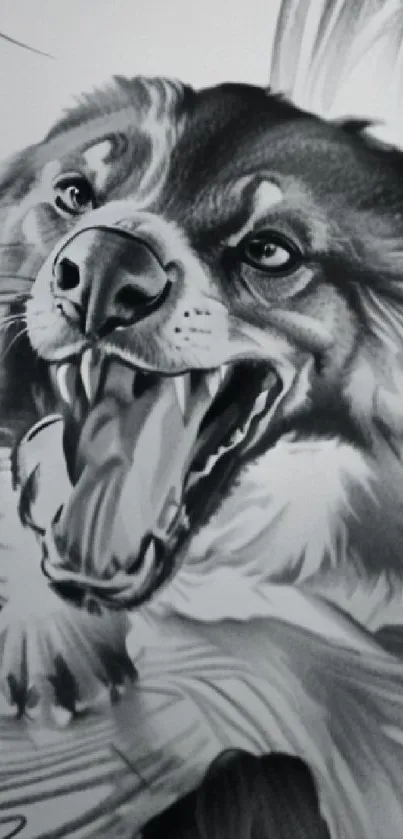 Grayscale artwork of a fierce wolf in close-up view for mobile wallpaper.