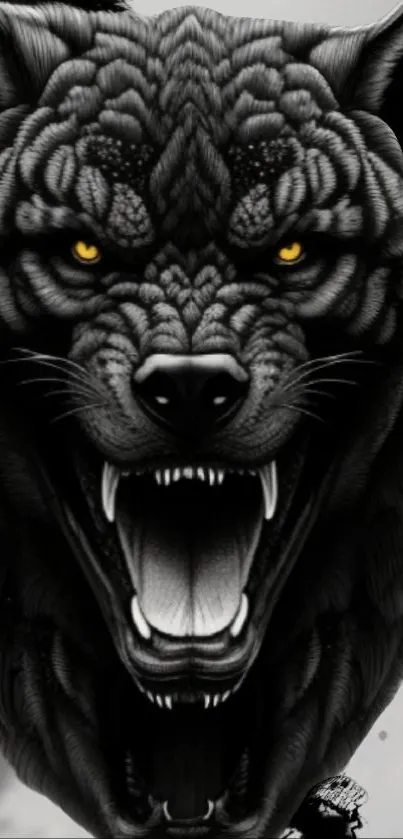 Fierce wolf head with glowing eyes on a dark background.