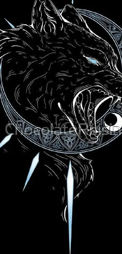 Fierce wolf illustration on a dark background with abstract accents.