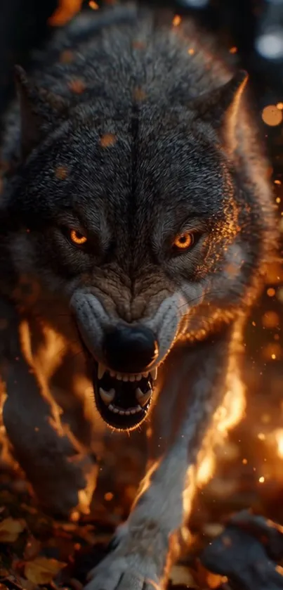 A fierce wolf surrounded by flames, showcasing its intensity.