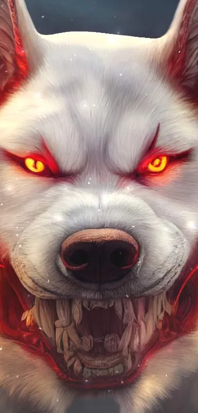 Fierce wolf with fiery red eyes in dramatic lighting, intense mobile wallpaper.