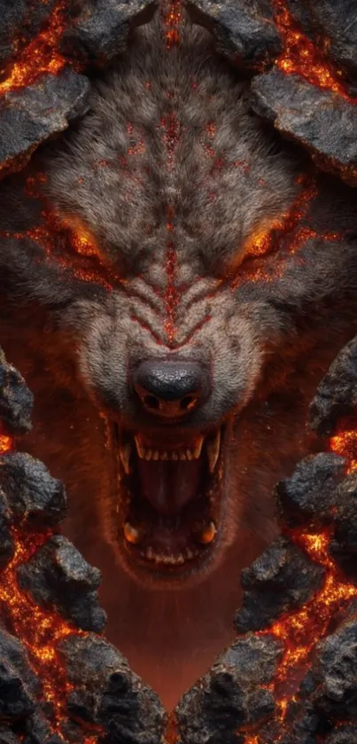 Fierce wolf emerging from fiery lava cracks in a dramatic scene.