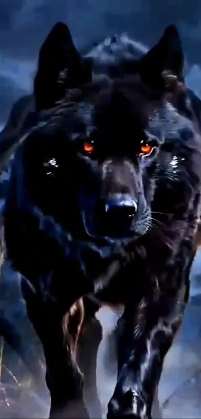 Fierce wolf with glowing eyes in a moonlit forest.