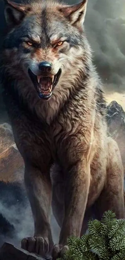 Fierce wolf stands above a picturesque mountain backdrop.