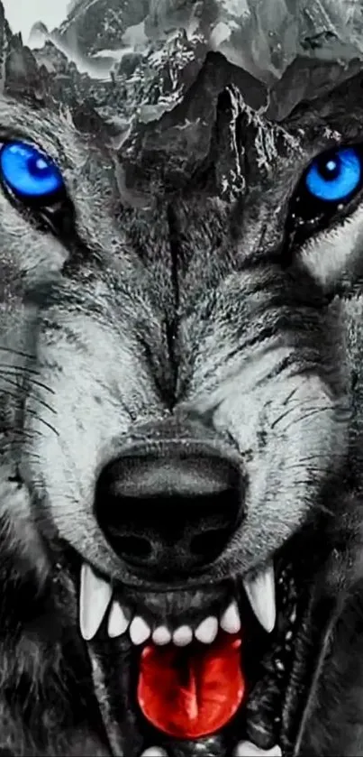 Wolf with blue eyes in mountain wallpaper