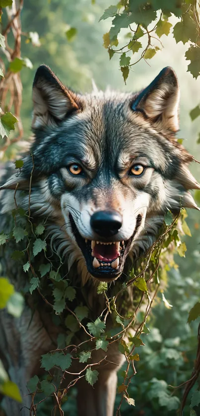 Fierce wolf peering through lush greenery.