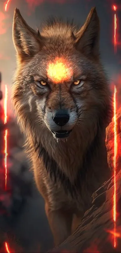 Fierce wolf in rocky landscape mobile wallpaper.