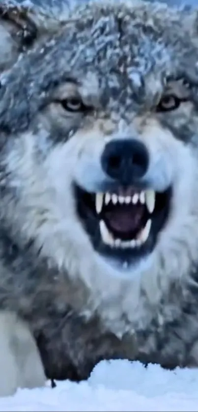 Fierce wolf growling in snowy landscape.