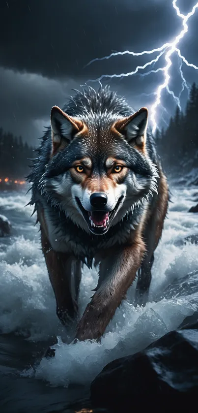 Fierce wolf standing in stormy river with lightning in background.