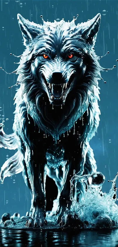 Fierce white wolf with red eyes in rain.