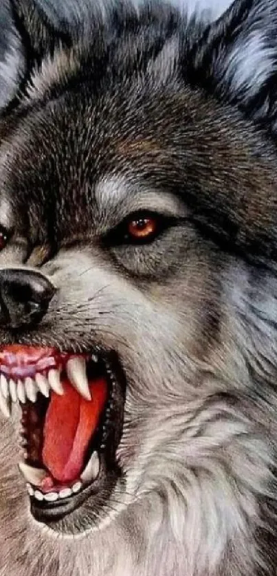 Intense gray wolf with sharp fangs.