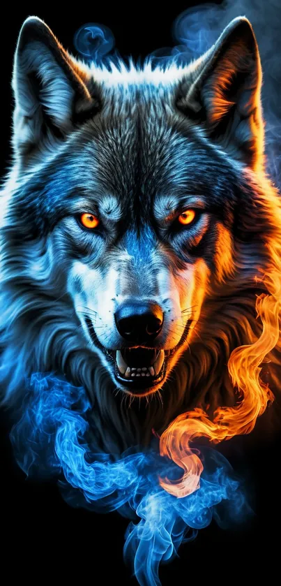 Wolf with fiery and cool flames background.