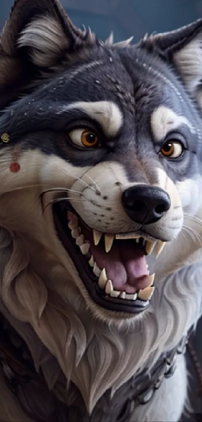 Fierce wolf with detailed gray fur snarling.