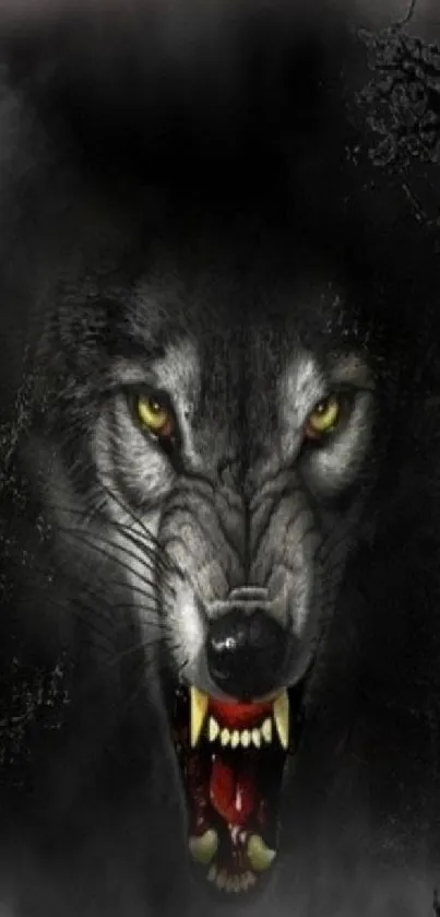 Fierce wolf with glowing eyes on a dark mobile wallpaper.