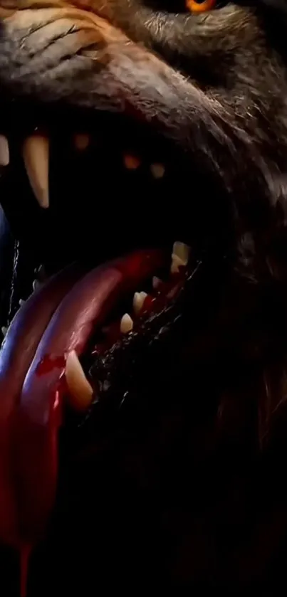 Fierce wolf with sharp teeth and intense gaze in dark setting.