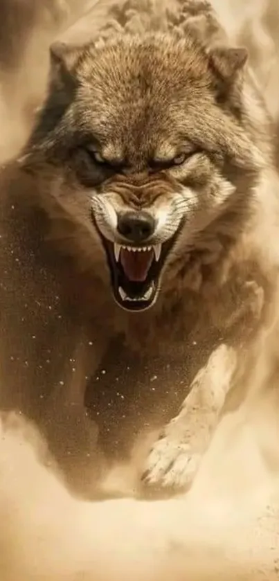 Fierce wolf charging through sandy desert landscape.