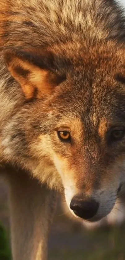 Close-up of a majestic wolf with intense gaze in nature setting.