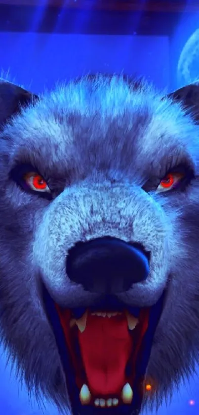 Vivid artwork of a fierce wolf with red eyes against a moonlit sky.