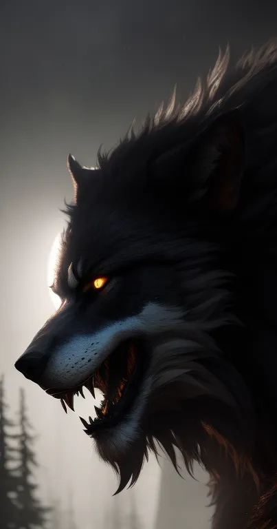 Fierce wolf art in a mystical night setting with a dark forest backdrop.