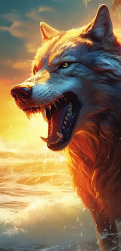 Fierce wolf at ocean sunset, vibrant art wallpaper.