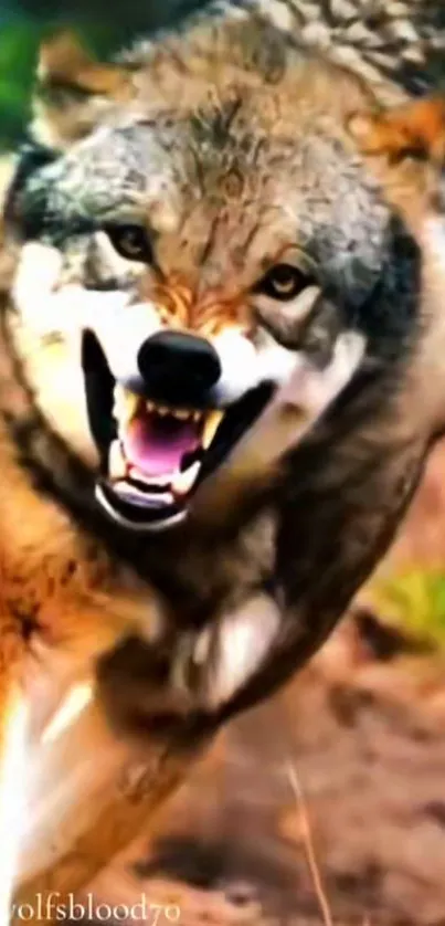 Fierce wolf running in the wild forest.